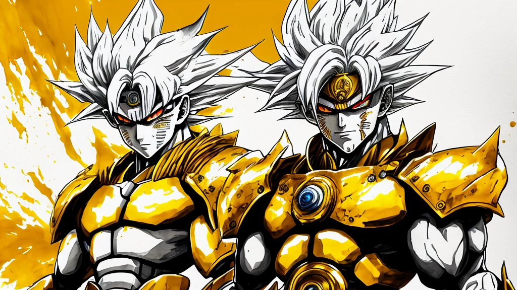 Goku with white hair and a futuristic mask and yellow eyes and a golden cybernetic costume and golden cybernetic gloves and arms crossed and a watercolor style yellow background