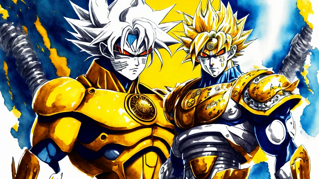 Goku with white hair and a futuristic mask and yellow eyes and a golden cybernetic costume and golden cybernetic gloves and arms crossed and a watercolor style yellow background