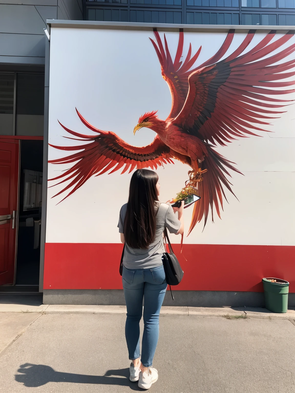 Outdoor love-themed check-in photo wall,There is a huge red phoenix bird image on the wall(About 6 meters long and 4 meters wide),some young people taking photos