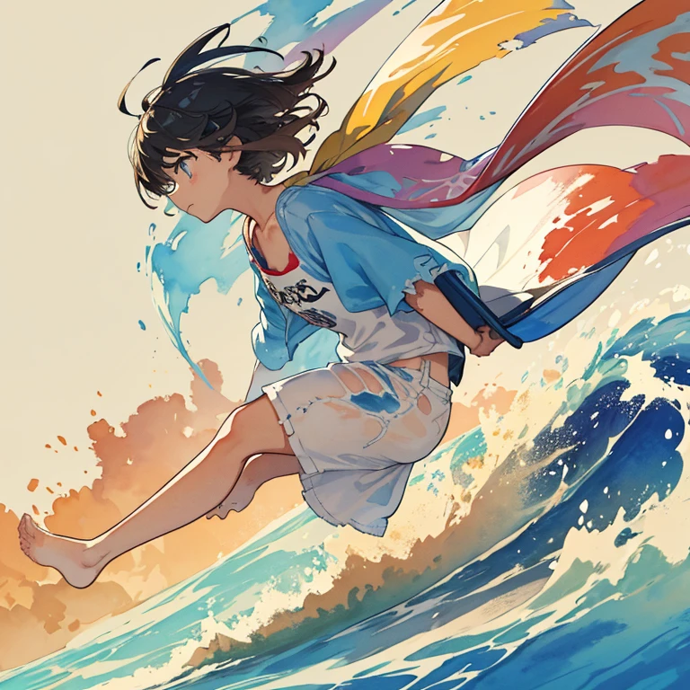 jumping watercolor paint surfer、Torn clothes are scattered around、unstable watercolor buoyant sandstorm、amazing dynamism、great angle、A cloth covered in numerous watercolors chases you、
