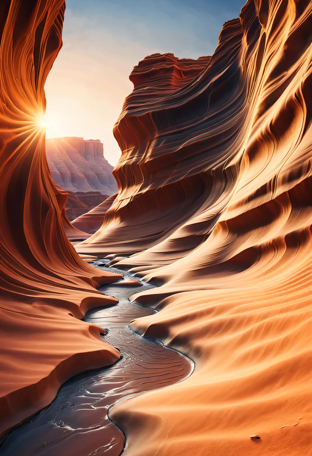 narrow canyon in the middle of desert at sunrise, in the style of photo realistic landscapes, stone sculptures, cabincore, stone, in the style of photo realistic landscapes, cabincore, tumblewave,decorative backgrounds, photo realistic landscapes, large canvas format, 32k uhd, photo, imaginative landscapeest quality at best,4K,8K,a high resolution,tmasterpiece:1.2),ultra-detailed,(actual,realistically,realistically:1.37),