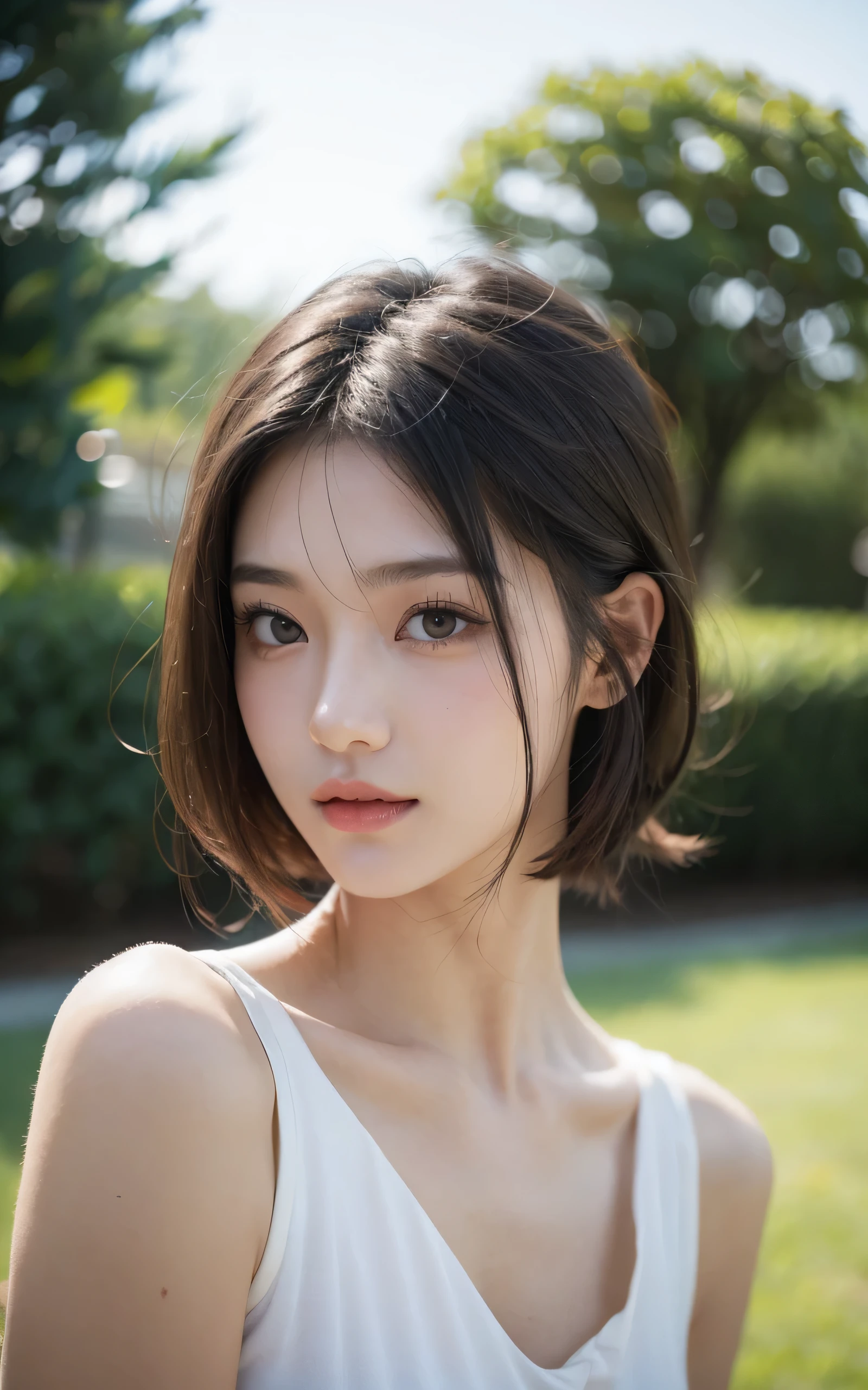 upper body shot、Front view、young beautiful japanese woman、12, gentle features、super cute face、glossy lips、double eyelids in both eyes、natural makeup, smile, long eyelashes are bright, Short bob hair tweeny smooth light brown hair、hair swaying in the wind, asymmetrical bangs、head frame、center image、8K、high detail、detailed hairstyle、detailed face、epic movie lighting、octane rendering、vibrant、surreal、perfect limbs、perfect anatomy