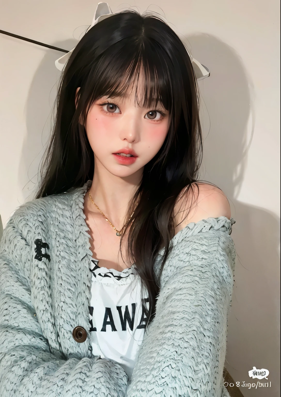 un primer plano de una mujer que llevaba un abrigo peludo y una camisa blanca, ulzzang, flequillo esponjoso, neat hair con flequillo, Lalisa Manobal, muchacha coreana, she has black hair con flequillo, chica linda-cara-fina, long hair con flequillo, con flequillo, long hair con flequillo completo, con flequillo completo, pale korean adorable face