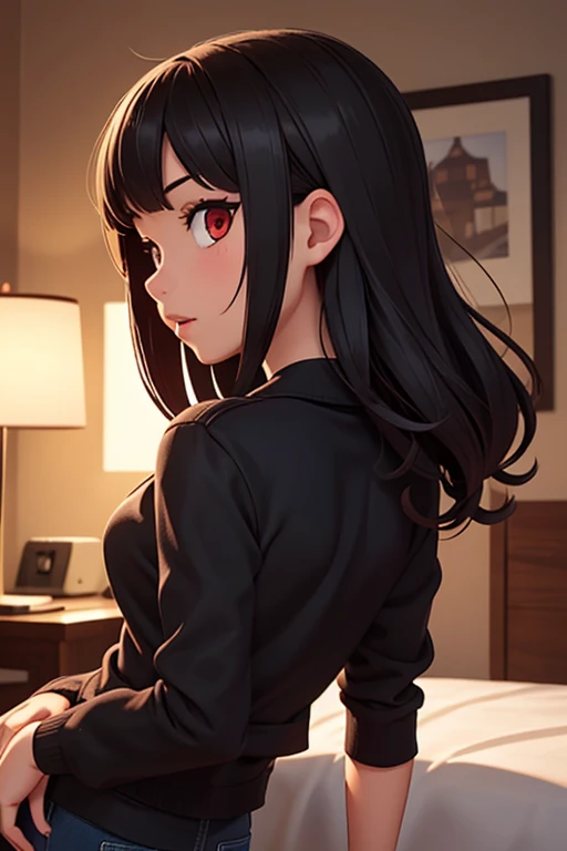 baggy black clothes,curly black hair,pale cheeks and lips,red eyes,black hair, girl in mid s,Mixed blood with monsters