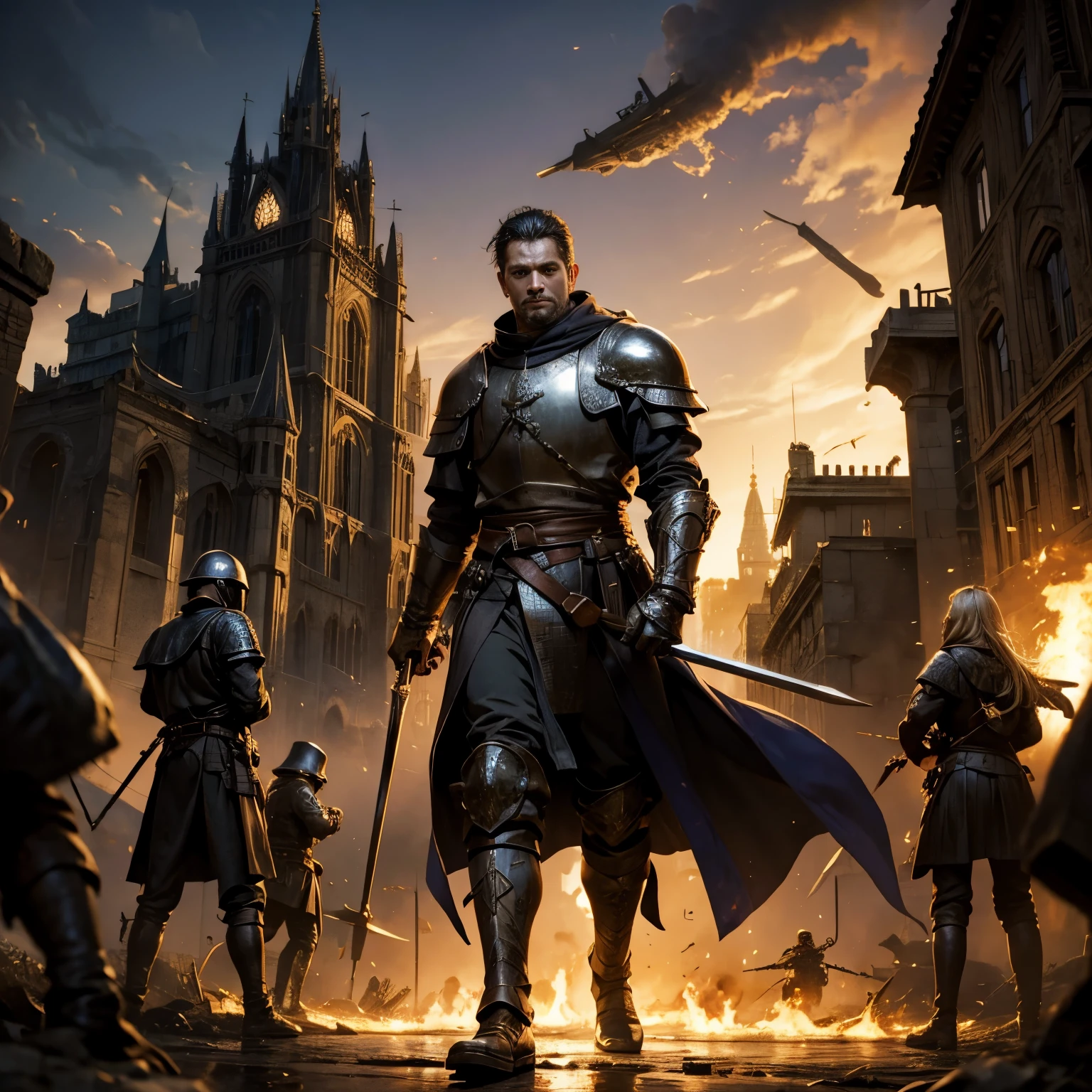 A warrior stands in the middle、Great wars of medieval Europe、the city is engulfed in flames、revolution、army、destroyed palace、destroyed castle、battle between aristocrats and soldiers