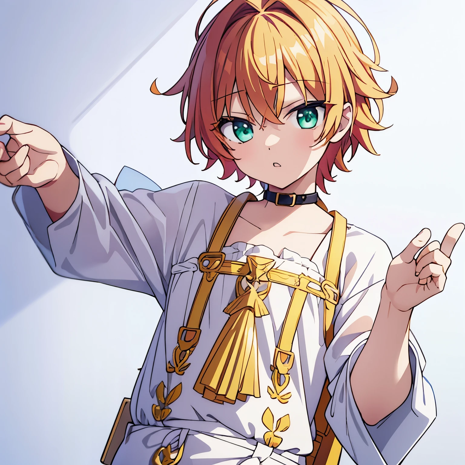 Male, strawberry blonde hair, green eyes. Vtuber model rig