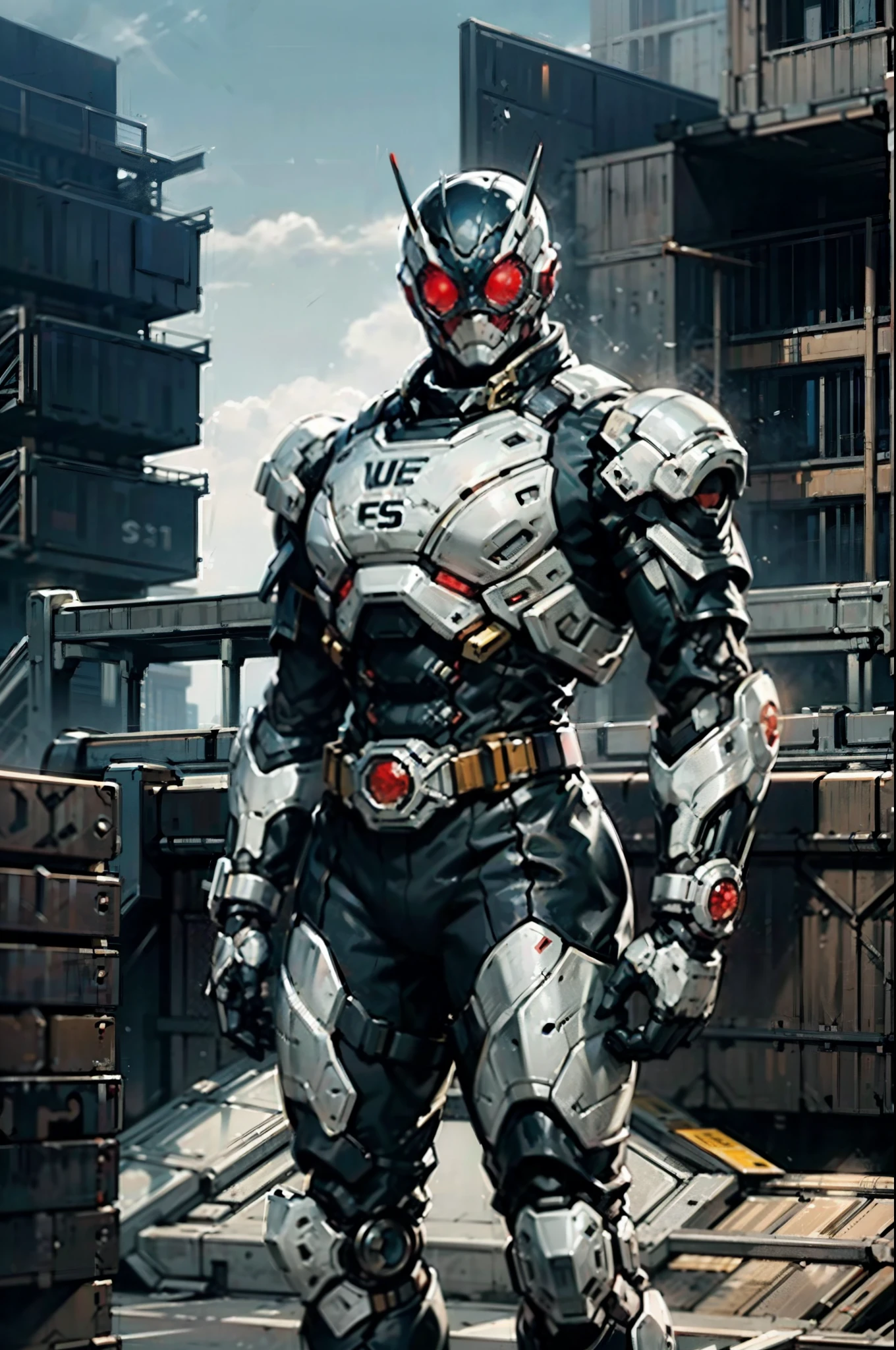A super a high-tech biotech battle suit, standing on a rooftop, looking over the city, Japanese tokusatsu and American comic style, biometallic texture of the suit, sleek and shiny, dynamic, fast, natural light, cinematic, high quality, high resolution, high detail, sophisticated design, dramatic, high definition, ultra-detailed, ultra-fine painting, extremely delicate, creativity, Natural light, cinematic lighting, best shadow, masterpiece-anatomy-perfect