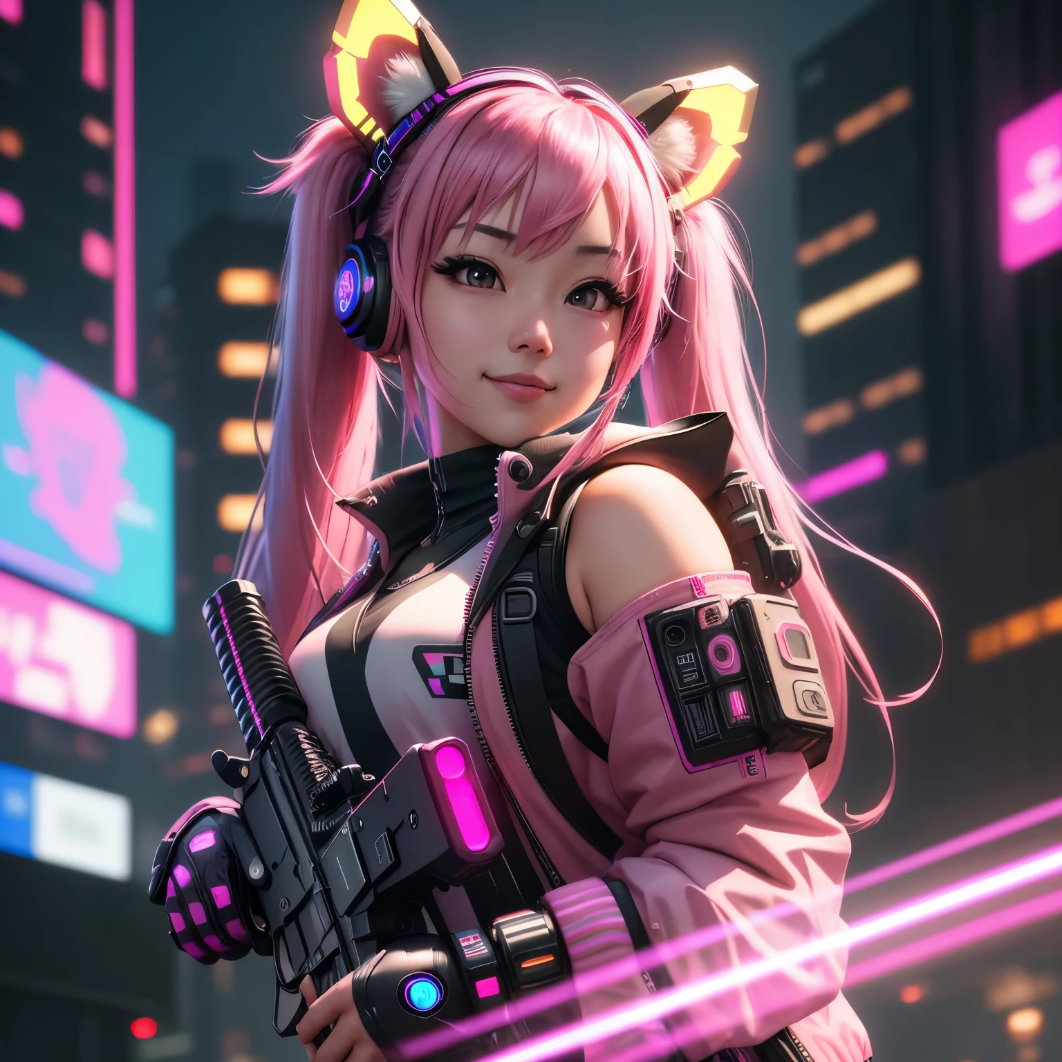(8k, HDR, RAW photo, best quality, masterpiece:1.2, realistic lighting), Overhead view, Dynamic angle, an asian girl, solo, smile, (holding a gun), (a twintail), pink hair, path traced hair, (pink racoon ears), ((pink eyes)), pink headset, nice hands, (thin face), beauty eyes, (cyberpunk:1.3), wearing a pink jacket, mechanical shoulder, neon light, edge lights, look up, upper body.