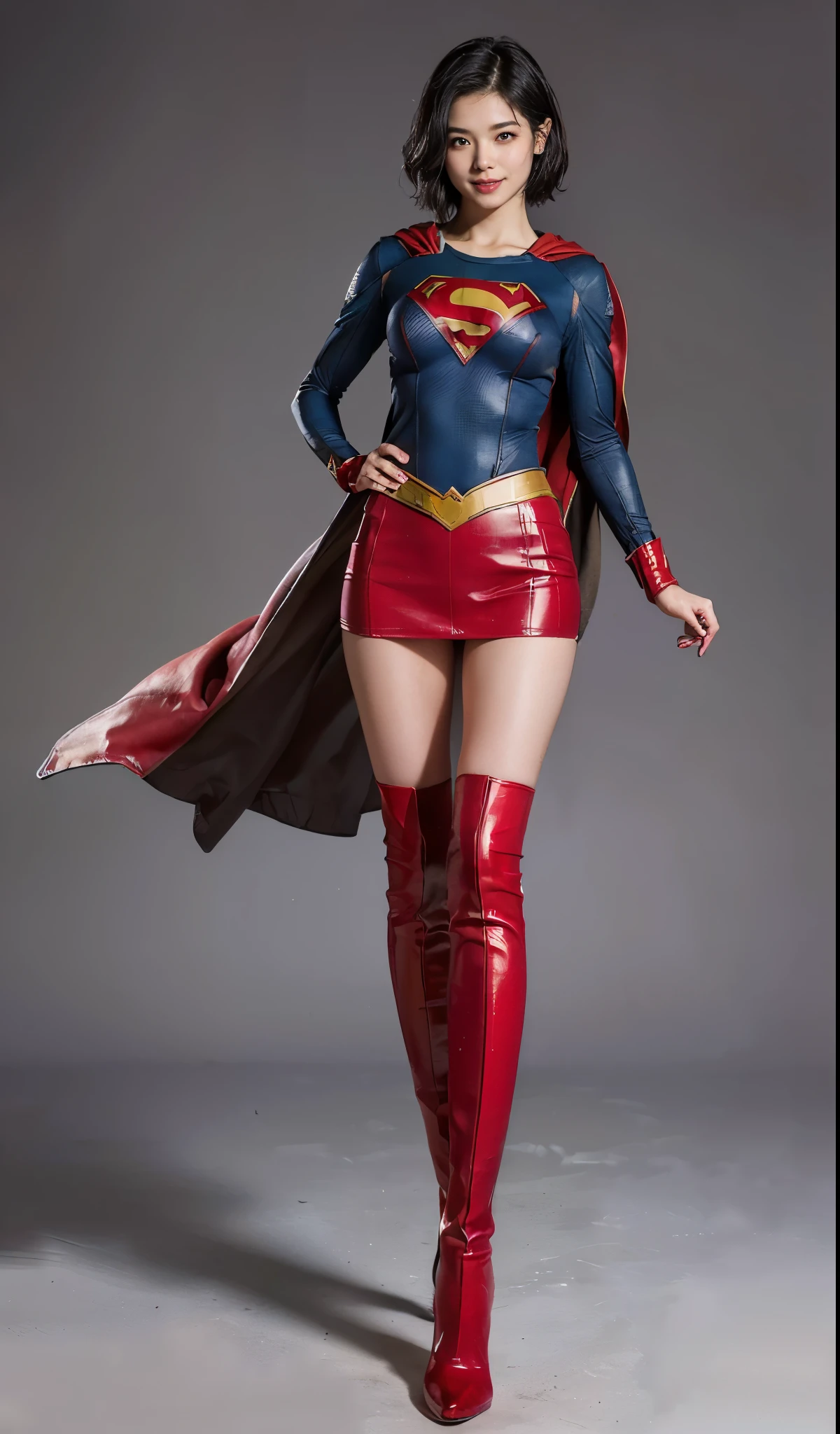 distressed look、My crotch hurts、suffering、Done、defeated、Defeated by enemies、(((Wear black tights on your beautiful legs.)))、(((Legal expression of the beauty of a smile)))、((((Make the most of the original image)))、(((Supergirl Costume)))、(((Beautiful short hair、hair)))、(((suffering)))、(((Feet must necessarily be worn with black tights)))、(((You need to wear red boots)))、((Highest image quality、8K))、((highest quality、8K、masterpiece:1.3))、(((keep background )))、clear focus:1.2、beautiful woman with perfect figure:1.4、thin abs:1.2、wet body:1.5、Highly detailed face and skin texture、8K