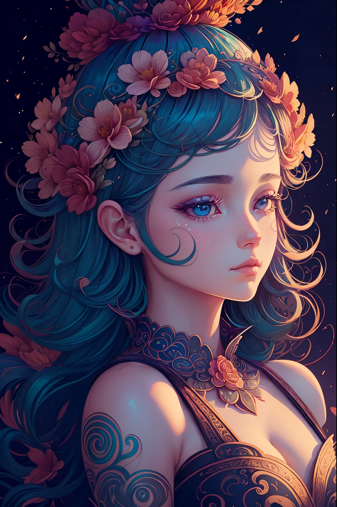 there is a woman with a flower crown on her head, stunning digital illustration, beautiful digital artwork, Exquisite digital illustration, James Jean & Vlop, Gorgeous digital art, Beautiful digital illustration, beautiful art uhd 4 k, beautiful Gorgeous digital art, Highly detailed 4K digital art, beautiful digital art, very beautiful digital art, beautiful illustration