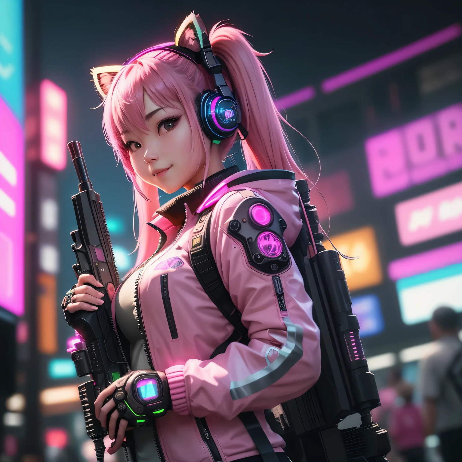 (8k, HDR, RAW photo, best quality, masterpiece:1.2, realistic lighting), Overhead view, Dynamic angle, an asian girl, solo, smile, (holding a gun), (a twintail), pink hair, path traced hair, (pink racoon ears), ((pink eyes)), pink headset, nice hands, (thin face), beauty eyes, (cyberpunk:1.3), wearing a pink jacket, mechanical shoulder, neon light, edge lights, look up, upper body.