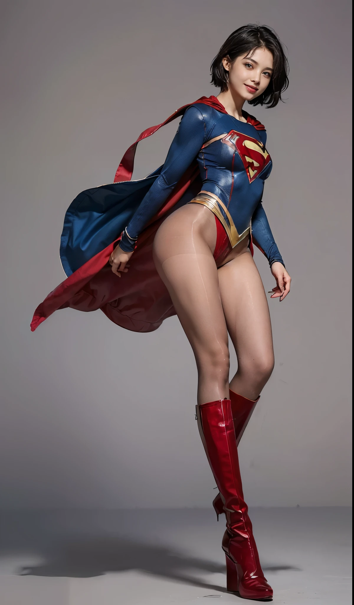 distressed look、My crotch hurts、suffering、Done、defeated、Defeated by enemies、(((Wear black tights on your beautiful legs.)))、(((Legal expression of the beauty of a smile)))、((((Make the most of the original image)))、(((Supergirl Costume)))、(((Beautiful short hair、hair)))、(((suffering)))、(((Feet must necessarily be worn with black tights)))、(((You need to wear red boots)))、((Highest image quality、8K))、((highest quality、8K、masterpiece:1.3))、(((keep background )))、clear focus:1.2、beautiful woman with perfect figure:1.4、thin abs:1.2、wet body:1.5、Highly detailed face and skin texture、8K