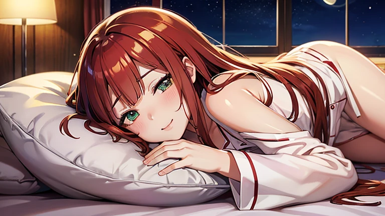 (Best quality), ((1girl)), Anime girl with long hair, Anime Best Girl, pretty anime girl, Seductive Anime Girl, charming anime girl, Cute anime girl, expressive face, Shining eyes, ((tired eyes)), ((looking at viewer)), red hair, green eyes, detailed face, ((baggy pajamas)), ((sleeping)), sleepy, lying down in bed, (big pillow), blanket, comfy, resting pose, Gentle smile, night, moon light, lights off, pajama pants, Perfect body, side view, 