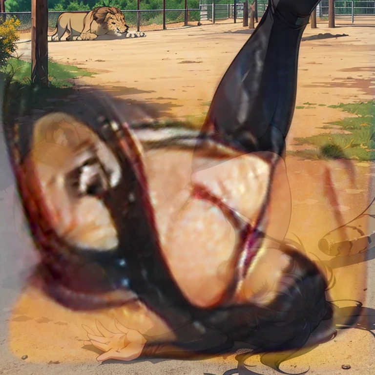 A cat girl gets  mercilessly by a lion at the zoo