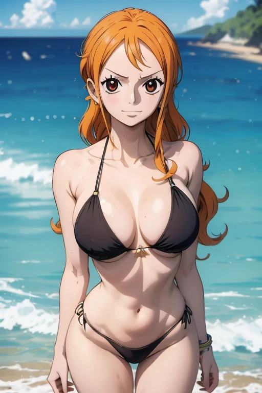 (estilo de arte de anime), nami from one piece, olhos castanhos, cabelo de rabo de cavalo longo laranja, wearing a tight black bikini, rubor, praia, vista traseira(estilo de arte de anime), (NSFW), Standing,