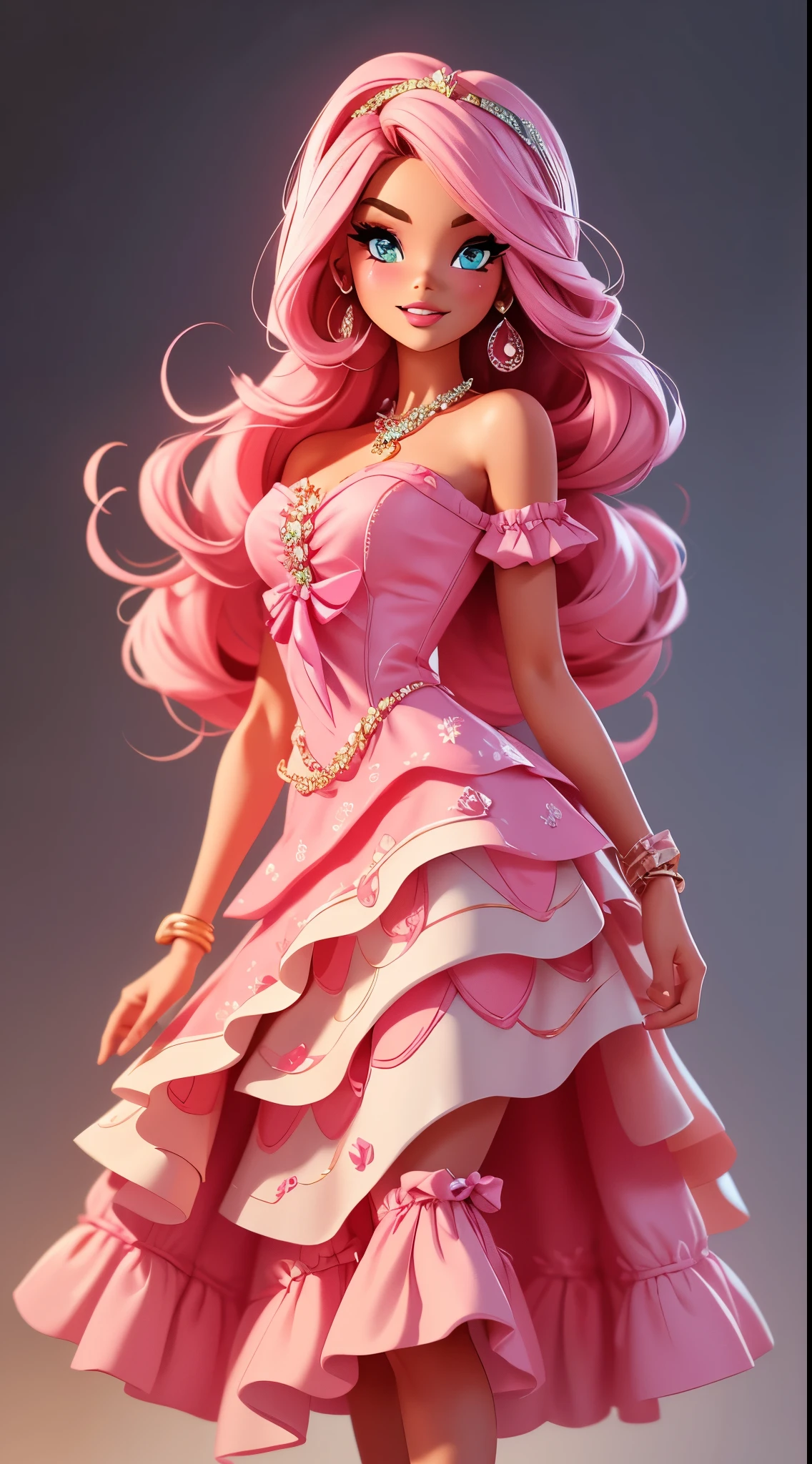 Menina loira fofa, Estilo barbie. vestido rosa, cenario de doces, cabelo comprido