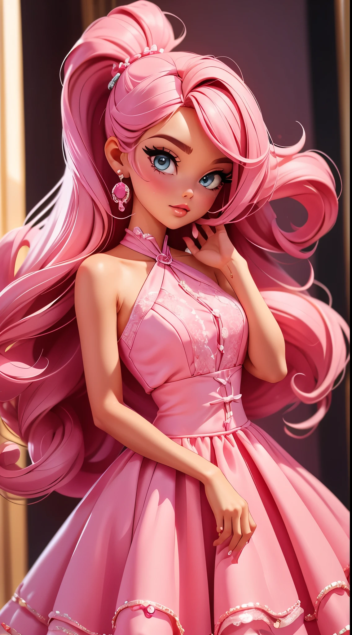 Menina loira fofa, Estilo barbie. vestido rosa, cenario de doces, cabelo comprido