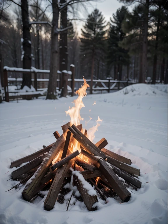 Ultra realistic, 8k, 4k, best quality, closeup shot of bonfire in snow in the morning, no person in the photo, beautiful flames, no smoke, beautiful morning