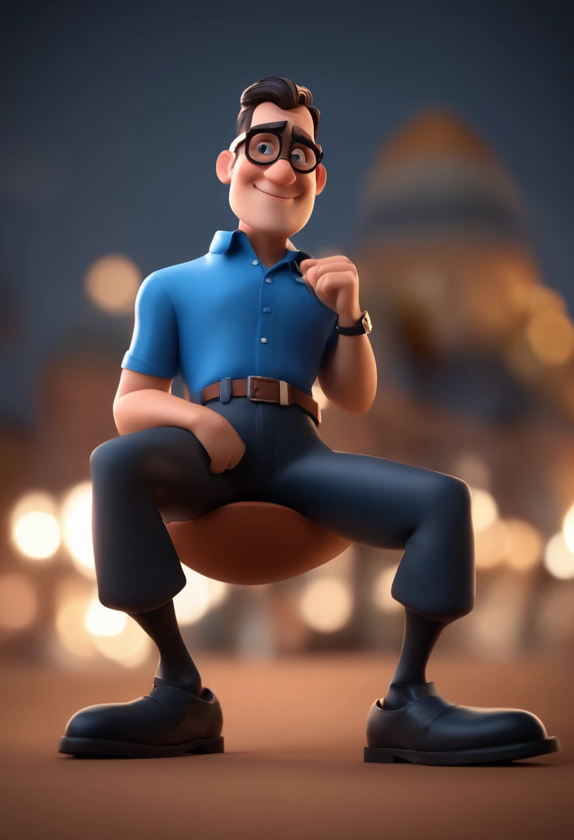 Cartoon character of a man with black glasses and a blue shirt, animation character, Caractere estilizado, animation style rendering, 3D estilizado, Arnold Maya renderiza, 3d stylized rendering, toon rendering keyshot, Personagem 3D, Personagem 3D, Stylized 3D rendering, 3D character rendering, personagem de desenho animado, Personagem de close up, Pose de personagem, (Estilo Pixar) (parte mestre:1.2) (bokeh) (melhor qualidade) (pele detalhada) (textura detalhada) (8K) (argila) (cinematic lighting) (Sharp focus