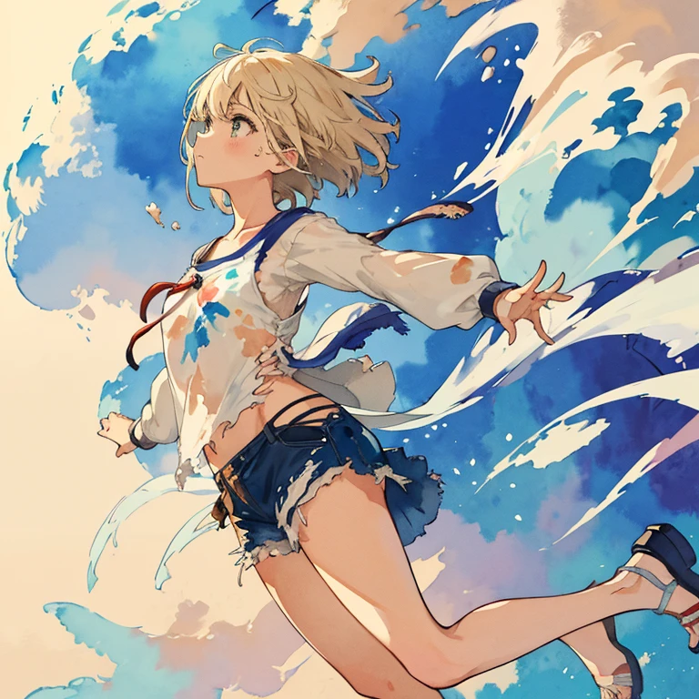 jumping watercolor paint girl、Torn clothes are scattered around、unstable watercolor buoyant sandstorm、amazing dynamism、great angle、A cloth covered in numerous watercolors chases you、watercolor water surface