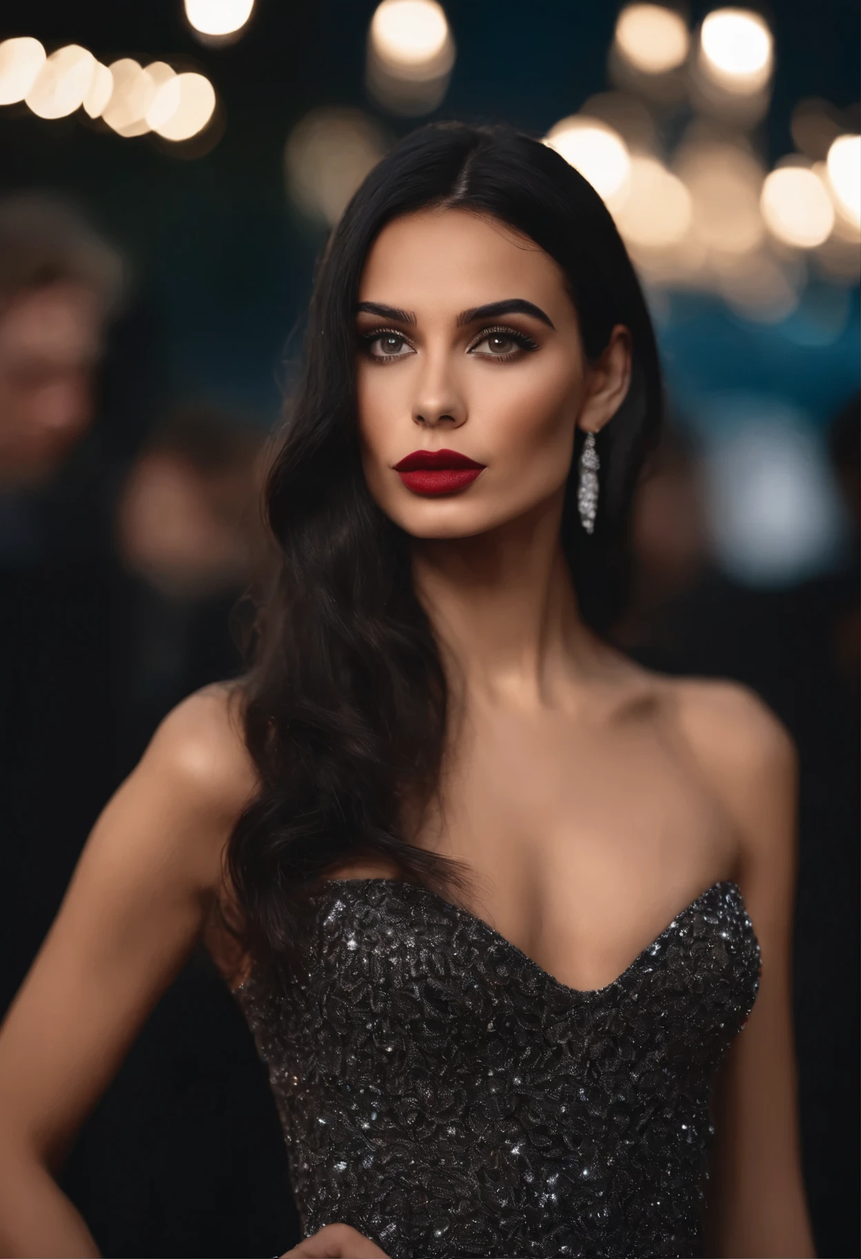 portrait photography, close up, masterpiece, 20 years old skinny woman, looking like a super model, with long straight deep black hair, big lips, with a sexy looking, with grey eyes and strong looking, in middle of the red carpet wearing a fancy dress, with flawless makeup, posing as a instagram model, 35 mm, DLSR, intricate details, 4K, 8k, hd
