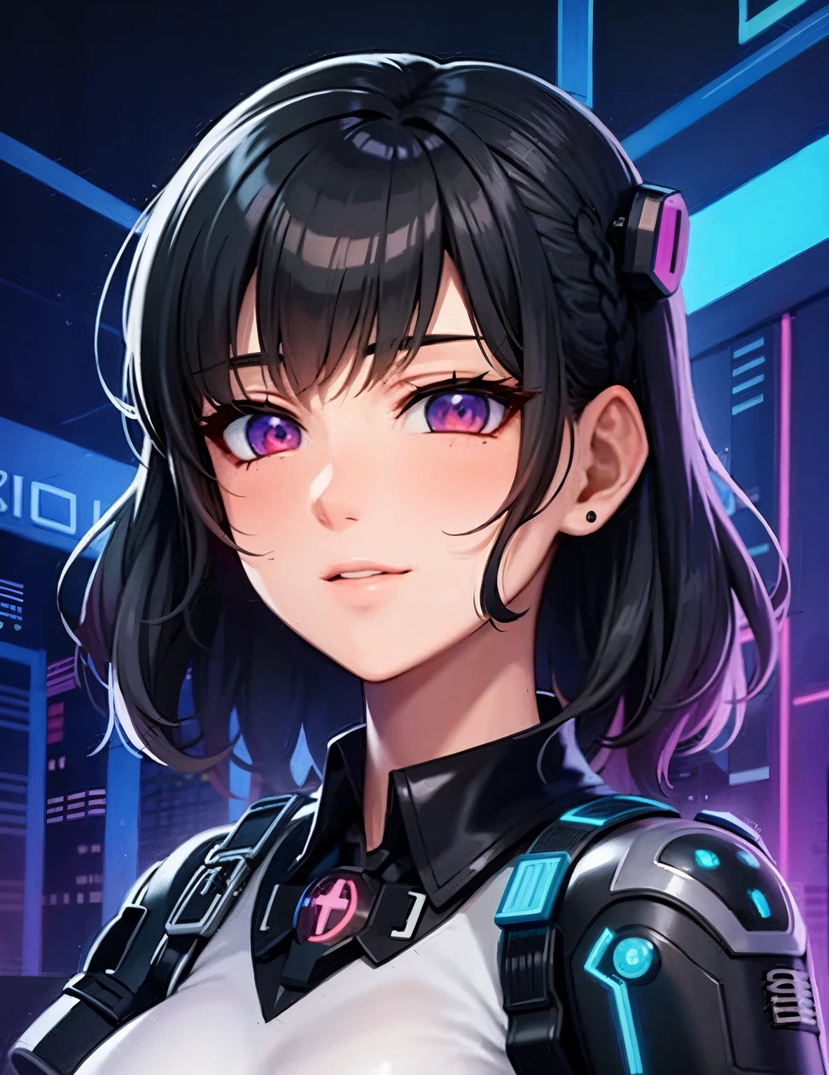 Front portrait,1beautiful anime style girl, (Kpop idol),cute and gentle, petite smile mouth, (Korean: 0.3, Celtic: 0.3, Romanian: 0.4), wearing school uniform, black short hair with delicate bangs, Genshin Impact, antasy cyberpunk girl, cyberpunk art style, cyberpunk beautiful girl, cyberpunk girl, model girl, cyberpunk vibe, beautiful digital artwork, bright cyberpunk glow,cyberpunk vibrant colors, neon rain cyberpunk setting,cyberpunk atmosphere,high detail skin, looking at the viewer