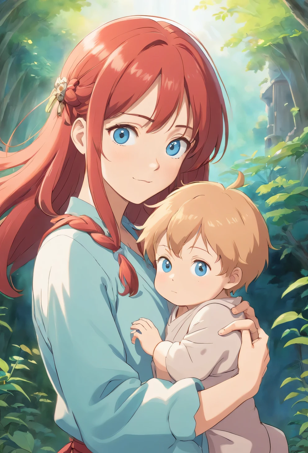 Shoulder-length light red-haired woman,light brown eyes,A blue-eyed blond baby boy is held in the center of the frame.