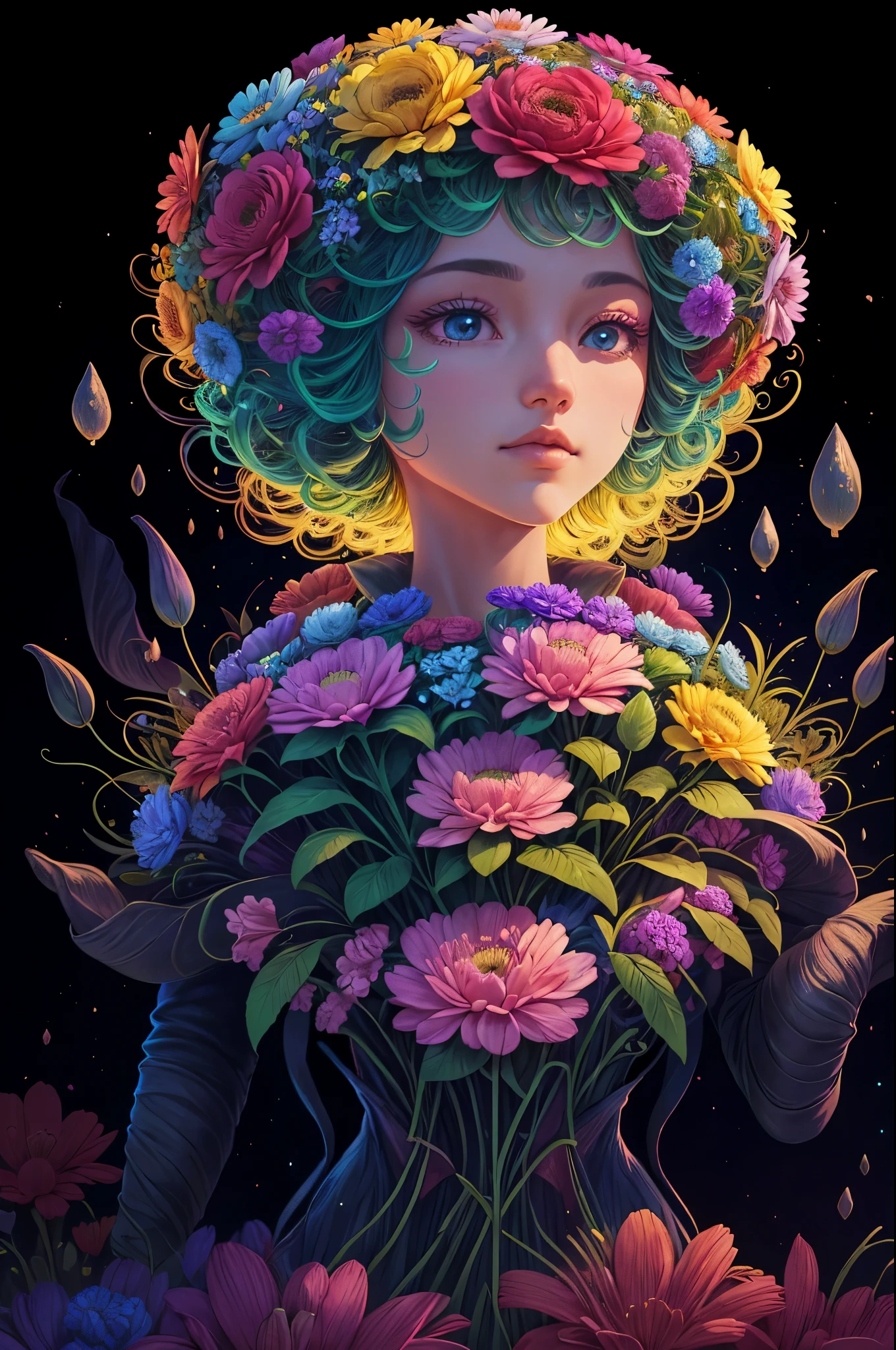 title: Extraterrestrial Botanical EncounterYou are an accomplished digital artist., who found himself on an incredible interstellar journey.. Exploring a distant alien planet, you come across a spectacular field of colorful flowers with long stems, unlike anything on earth.. These exotic flowers radiate an enchanting brilliance, and their unique beauty beckons you to capture their essence in a series of breathtaking images..Your goal is to create a series of high-quality images, showcasing these extraordinary flowers, neatly arranged in five rows of eight plants each.. The composition will be placed on a bright black background, to highlight radiant colors.. also show these flowers in a bouquet. The key to this project is depicting flowers in a photorealistic style.., maintaining its otherworldly appeal, while they seem to belong to our own kingdom.For this, you must carefully study the intricate details of each flower, so that not a single nuance is overlooked.