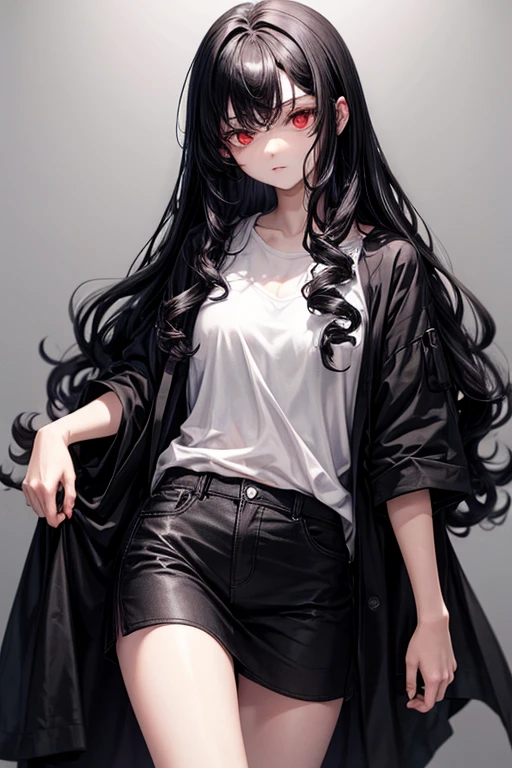 baggy black clothes,curly black hair,pale skin,red eyes,black hair, girl in mid teens,Mixed blood with monsters