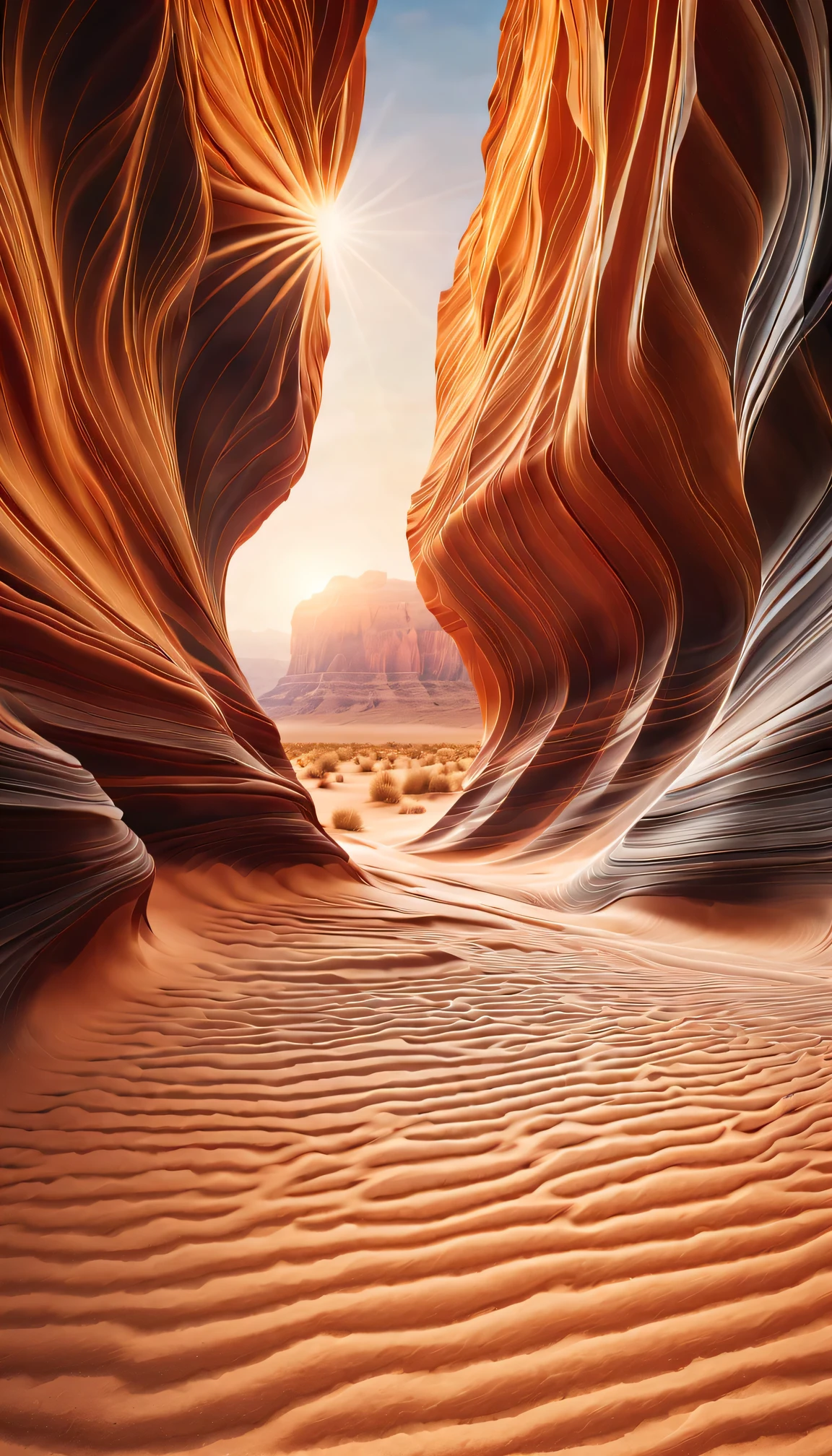 narrow canyon in the middle of desert at sunrise, in the style of photo realistic landscapes, stone sculptures, cabincore, stone, in the style of photo realistic landscapes, cabincore, tumblewave,decorative backgrounds, photo realistic landscapes, large canvas format, 32k uhd, photo, imaginative landscapeest quality at best,4K,8K,a high resolution,tmasterpiece:1.2),ultra-detailed,(actual,realistically,realistically:1.37),