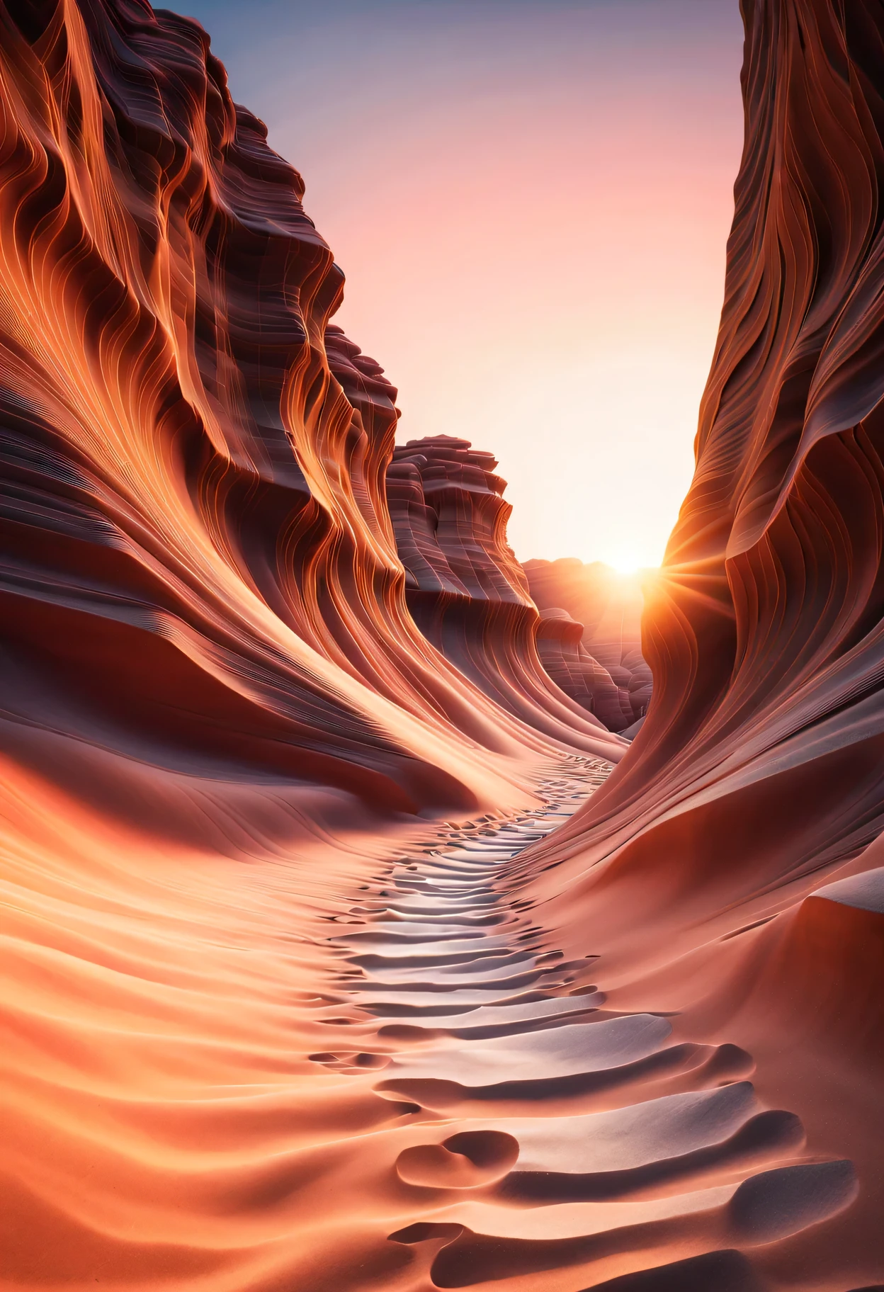 narrow canyon in the middle of desert at sunrise, in the style of photo realistic landscapes, stone sculptures, cabincore, stone, in the style of photo realistic landscapes, cabincore, tumblewave,decorative backgrounds, photo realistic landscapes, large canvas format, 32k uhd, photo, imaginative landscapeest quality at best,4K,8K,a high resolution,tmasterpiece:1.2),ultra-detailed,(actual,realistically,realistically:1.37),