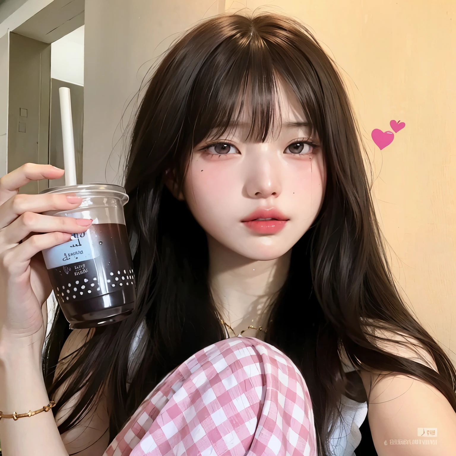 Araffe girl with long black hair holding a cup of bubble tea., Lalisa Manobal, ulzzang, Lalisa Manoban de Blackpink, bae suzy, she has black hair con flequillo, jinyoung shin, el corte de hime, con flequillo, con flequillo completo, joven y adorable rostro coreano, muchacha coreana, jaeyeon nam, pale korean adorable face