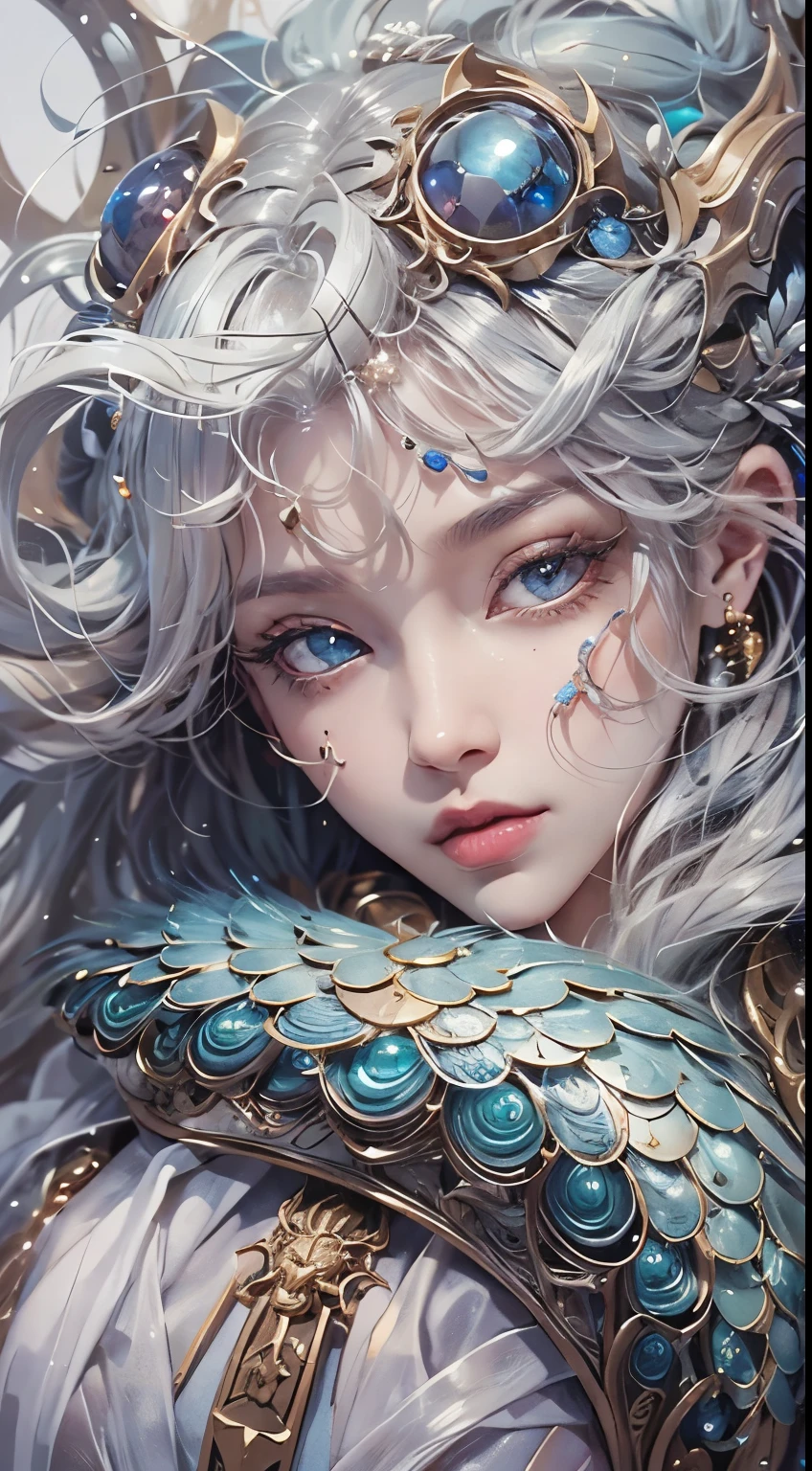 best quality，Super detailed，Best Best Illustration，best shadow，masterpiece，high resolution，professional artwork，famous artwork），surreal style，Delicate eyes，cold eyes，Left and right eyes are different colors，Snake pupils，Eyes slightly closed，（eye focus），surface focus，Close-up of long-haired woman in silk textured clothing，silver hair，floating hair，There are dragon horns on the head，Extremely rich in details，3d goddess portrait，女神的Extremely rich in details，Stunning goddess portrait，Head portrait of goddeseautiful goddess portrait goddess body closeup portrait，Portrait of norse moon goddess，pure face_v1，Urzang-6500-v1 version.1，