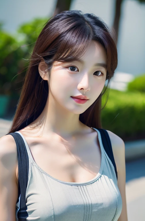 (1 Cute Korean Star) shoulder length hair, light makeup, big chest size, wearing a tank top, clear facial features, 8K high resolution, edgy, realistic detailed.From outside, Eye level shooting, F/4.0, 135mm, FujiFilm, jpeg artiFacts, Dithering, UHD, masterpiece, With my whole body, upper body, correct posture, Future-prooF, facing forward