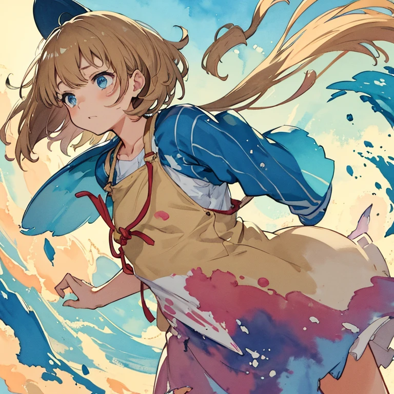 Jumping watercolor paint stain girl、Torn clothes are scattered around、unstable watercolor buoyant sandstorm、amazing dynamism、great angle、A cloth covered in numerous watercolors chases you、sea of watercolor paints