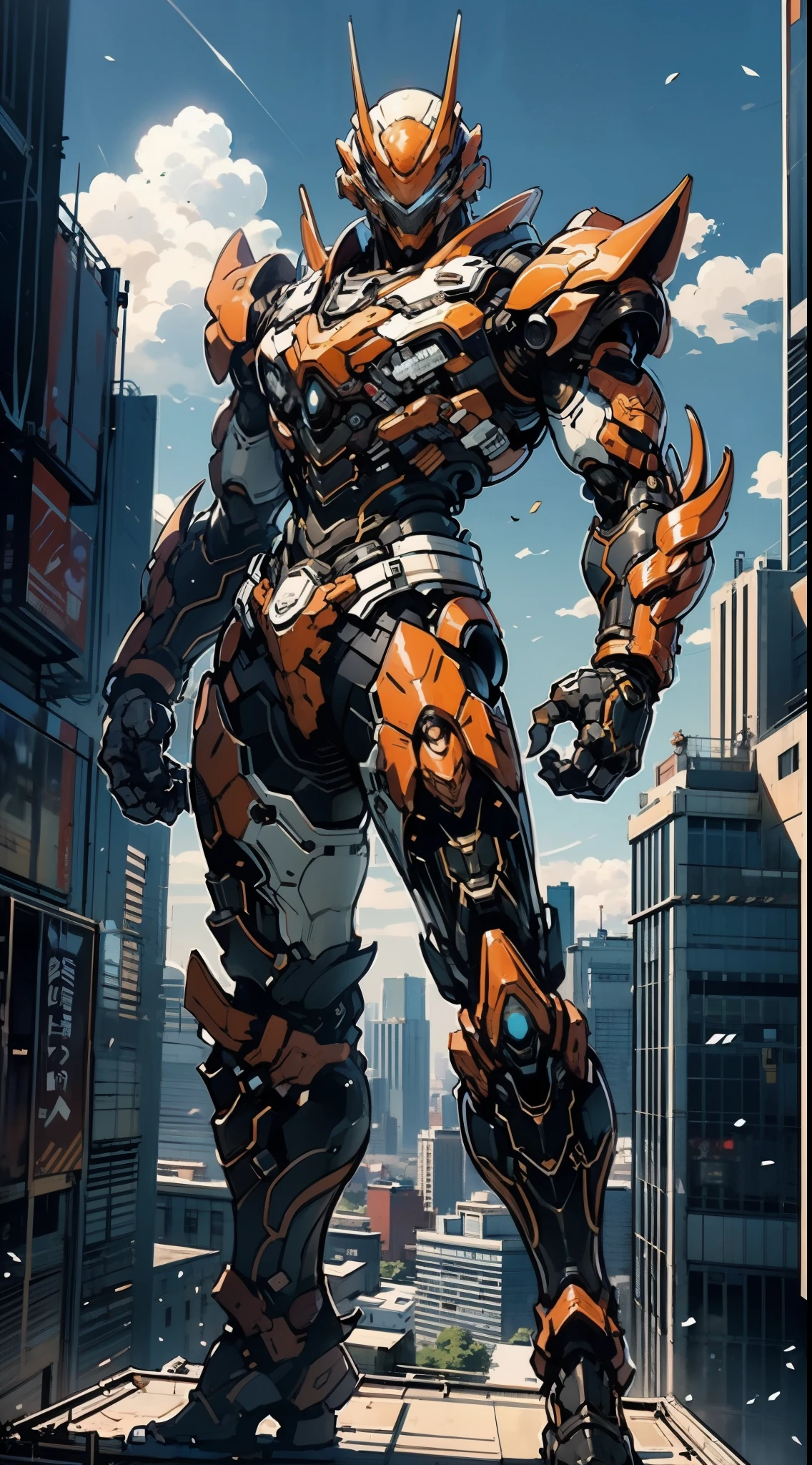 A super a high-tech biotech battle suit, standing on a rooftop, looking over the city, Japanese tokusatsu and American comic style, biometallic texture of the suit, sleek and shiny, dynamic, fast, natural light, cinematic, high quality, high resolution, high detail, sophisticated design, dramatic, high definition, ultra-detailed, ultra-fine painting, extremely delicate, creativity, Natural light, cinematic lighting, best shadow, masterpiece-anatomy-perfect