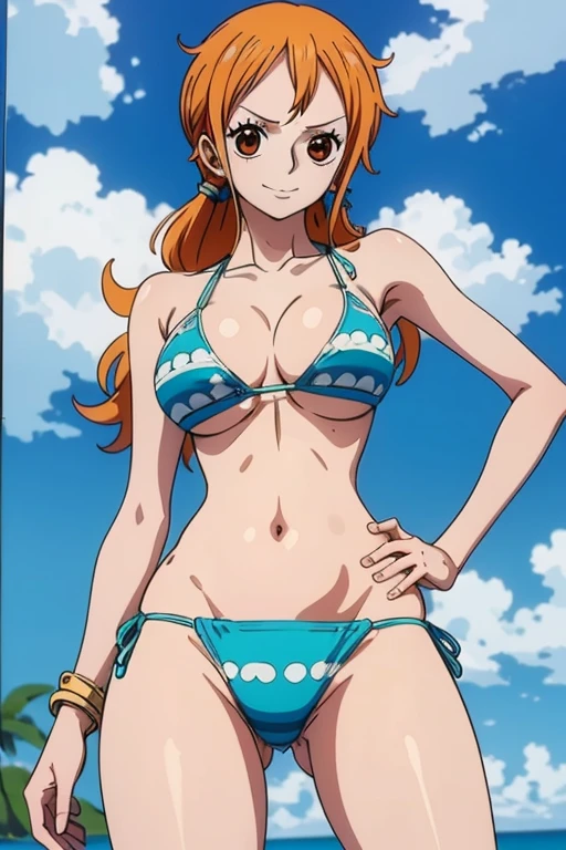 Nami in a sexy tight bikini bending over showing off her curvy ass