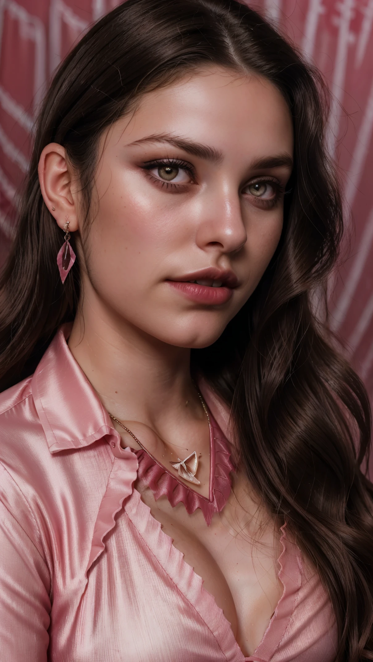 Wavy brown hair, (RAW photo, realism: 1.8), (very dark lip gloss, jet pink lipstick, many eyelashes, dark black eye shadow, shy, blushing, high quality, high resolution, depth of field, chromatic aberration, caustic, wide light, natural colors, 20 year old woman), necklaces, chokers, earrings, bracelets, wear many accessories, style A good woman,l, silk pink shirt, upper body, beautiful skin, lots of exposure, very  line, looks delicious, lips that make you want to kiss, scruffy futon,