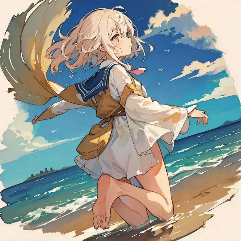 Jumping watercolor paint half-naked nudist、Torn clothes are scattered around、Unstable buoyancy sandstorm、amazing dynamism、great angle、A cloth covered in numerous watercolors chases you、