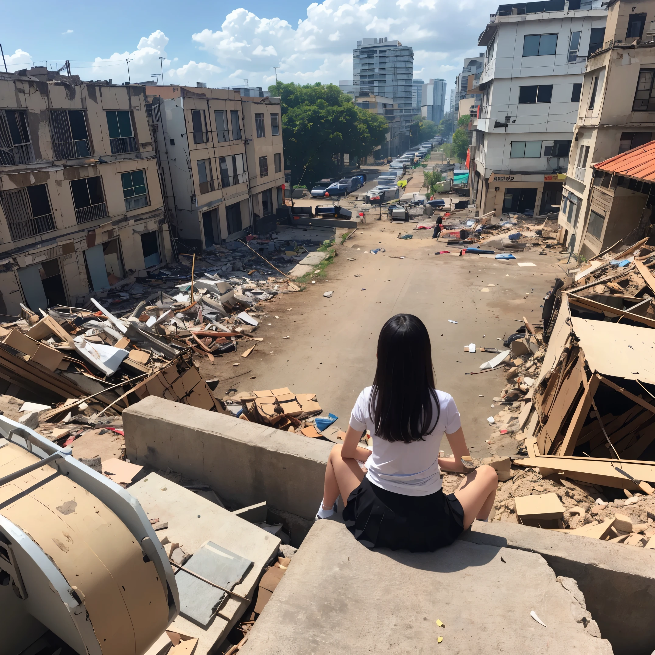 original photo of a female student wearing a small skirt and t-shirt, and Its hand, sitting on the rubble while snipe the far away enemy on build, under the corner of the plan and tank with Indonesian symbol in it body, and clear aura, with the background destroy building and change it  fire form in the crowd soldier, top view looking far away 4K original quality photo eyes looking at the camera