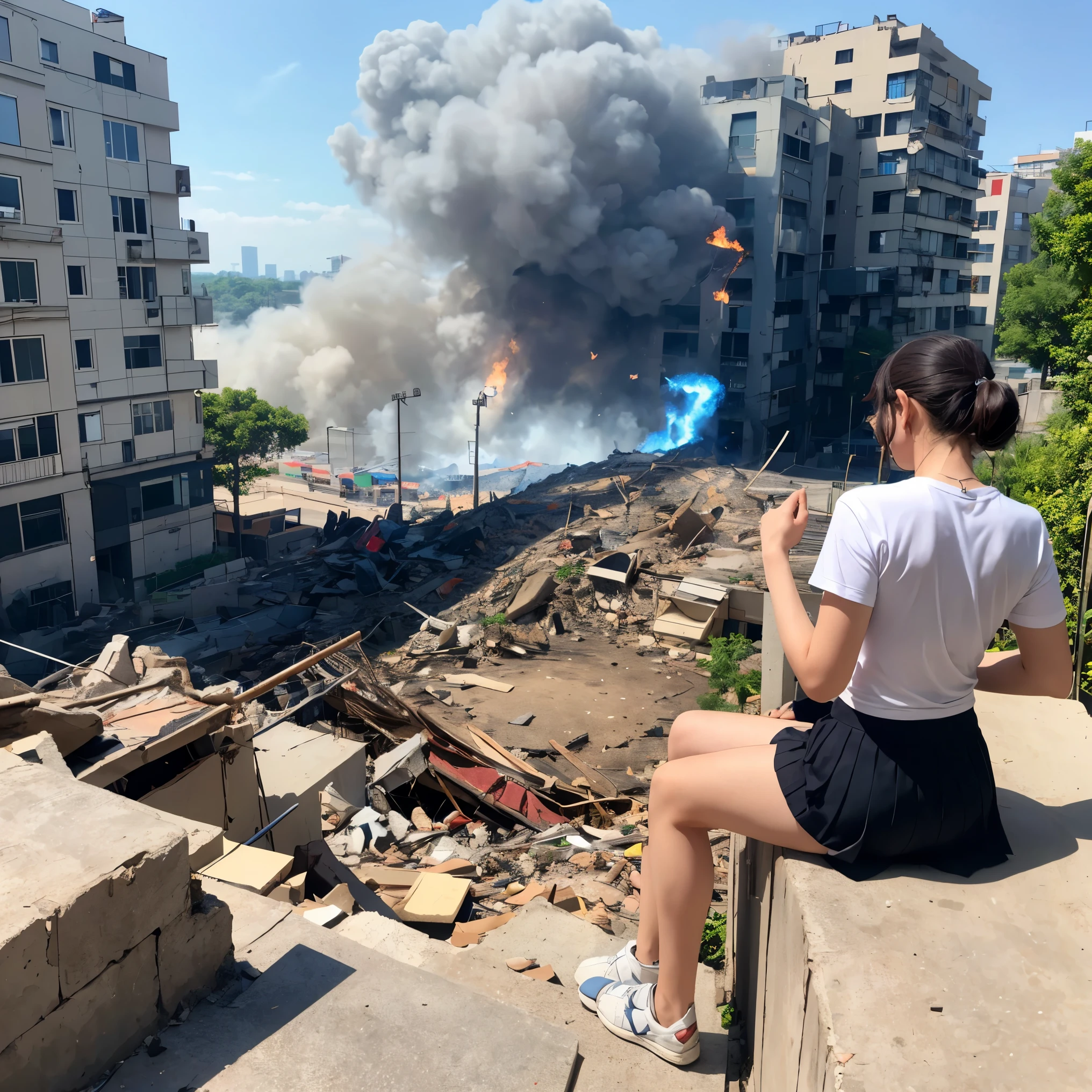 original photo of a female student wearing a small skirt and t-shirt, and Its hand, sitting on the rubble while snipe the far away enemy on build, under the corner of the plan and tank with Indonesian symbol in it body, and clear aura, with the background destroy building and change it fire form in the crowd soldier, top view looking far away 4K original quality photo eyes looking at the camera