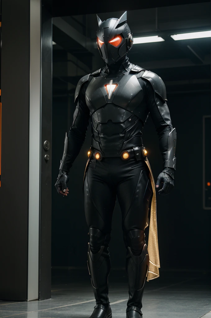 "Imagine a new superhero with a futuristic appearance and powers based on advanced technology. He has shiny exoskeletal armor, made of a resistant and flexible material. His armor is adorned with rows of LED lights that light up and flash in vibrant colors., reflecting the energy that flows through it. The hero has a mask with a holographic visor that gives him enhanced vision and a helmet with antennas that allow him to communicate with electronic devices. He has retractable wings on his back, que lhe permitem voar em alta velocidade. In the hands, possui luvas equipadas com pulsos de energia, capazes de disparar rajadas de energia concentrada. His costume is complete with boots that allow him to run at incredible speeds.. The superhero is imposing and confident, exuding an aura of determination and courage. His posture is firm and his expression conveys the feeling of justice and protection.. Agora, using artificial intelligence with maximum quality and advanced level of detail, create an image of this new superhero, destacando todos os elementos mencionados."