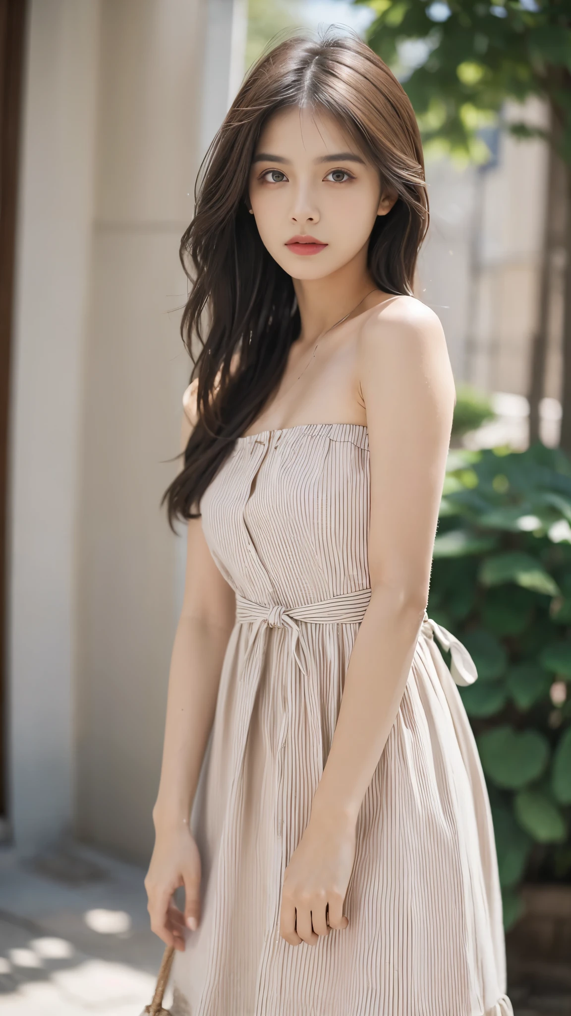 Obra maestra, La mejor calidad, ultra-high resolution, Foto de alto detalle, Unidad 8K Fondo de pantalla, CG extremadamente detallado:1.2),(Foto RAW:1.realistic photography:1.4), 1girll , joven, physically based representation, beautiful, (Cara finamente detallada:1.4, Ropa detallada), (Detallado:1.4) Cara hermosa, Profundidad de campo, Agregar capa, hiperrealista, 27 years old, Modelo de cuerpo perfecto, senos perfectos, 175cm de altura, pose sexy, cuerpo completo, Tipo de cuerpo del modelo, Strapless Pinstriped Bow Mini A-Line Dress, Cabello largo, (Eimi Fukada), doble parpado, depth of field, bokeh