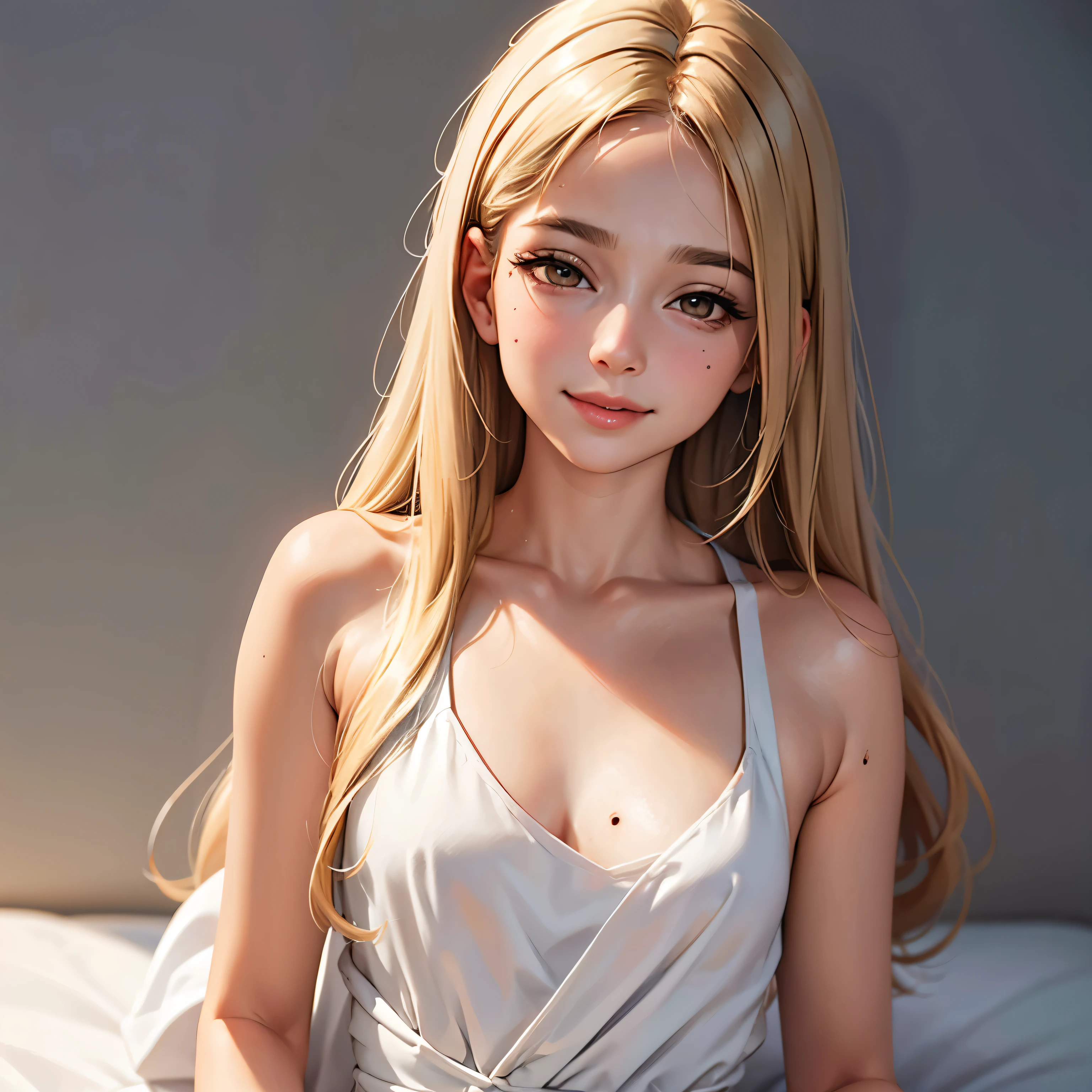masterpiece, highest quality,In-person audience, upper body whole body,middle-aged women,Attitude of the Greek goddess, Melon Seed Face, ((long eyes)), mole under eye,Brown eyeballs, thin lips, blonde, very long hair, smile with your mouth closed,40 year old mature woman, self - portrait, simple background,white dress,