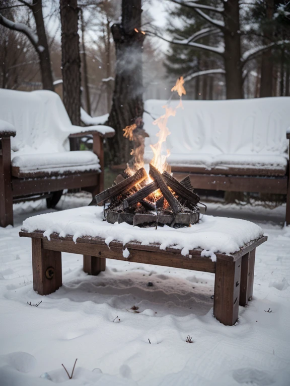 Ultra realistic, 8k, 4k, best quality, closeup shot of bonfire in snow in the morning, no person in the photo, beautiful flames, no smoke, beautiful morning, beautiful snow, bench