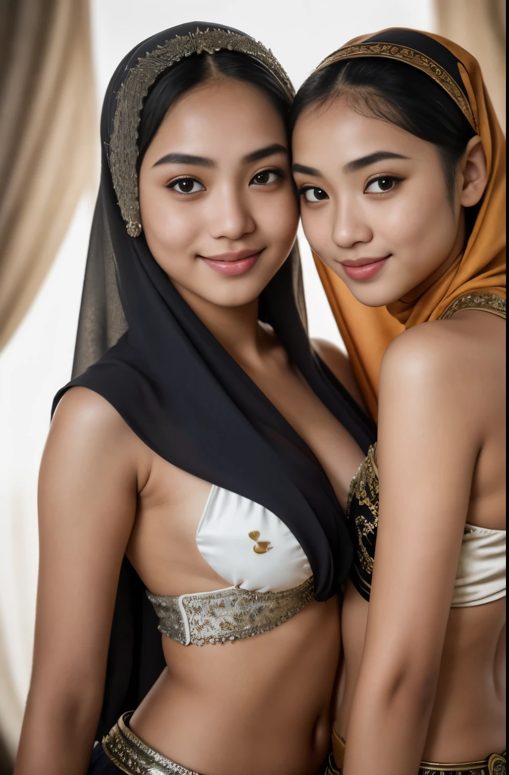 2girls, silver bellydancer, cleavage, two beautiful javanese and chinese girls with hijab and few soft freckles, mole below eyes, detail skin texture, smile, , dramatic light , Rembrandt lighting scheme, (hyperrealism:1.2), (8K UHD:1.2), (photorealistic:1.2), shot with Canon EOS 5D Mark IV, detailed face, detailed skin texture, 35mm, over-the-shoulder shot,cool-toned color grading, Deep Focus cinematography effect, Natural Lighting, high quality, ultra detail, 8k resolution,