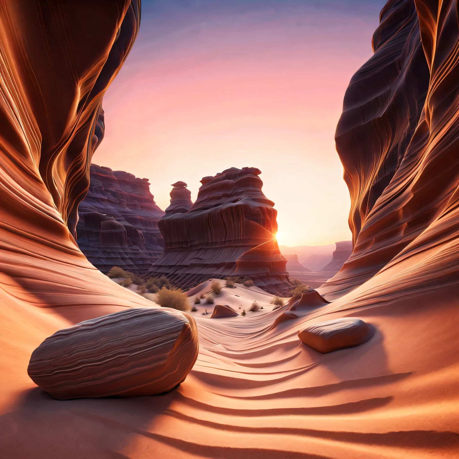 narrow canyon in the middle of desert at sunrise, in the style of photo realistic landscapes, stone sculptures, cabincore, stone, in the style of photo realistic landscapes, cabincore, tumblewave,decorative backgrounds, photo realistic landscapes, large canvas format, 32k uhd, photo, imaginative landscapeest quality at best,4K,8K,a high resolution,tmasterpiece:1.2),ultra-detailed,(actual,realistically,realistically:1.37),