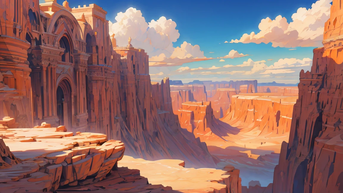 masterpiece, best quality, photorealistic, grand scenery, vast desert canyon, artistic, epic, vibrant, sky, clouds, elaborate details