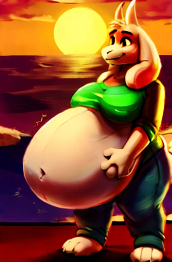 Asriel,green shirt,brown pants,standing on roof,looking into sunset,illustration,ultra-detailed,(best quality,4k,8k,highres,masterpiece:1.2),ultra-fine painting,sharp focus,professional,vivid colors,portrait,warm color tones,gorgeous lighting, vore, fat, overweight, large belly, thick thighs, breasts, female, swimsuit