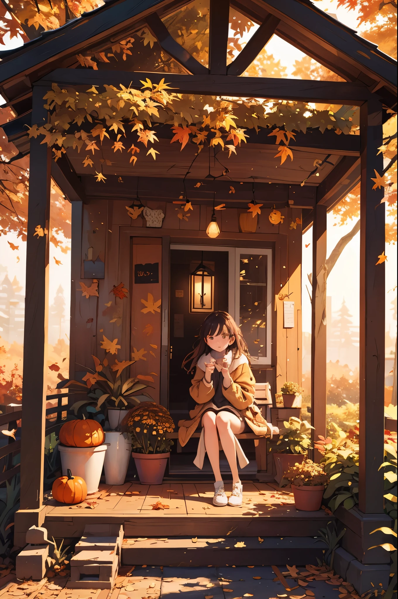 (masterpiece, best quality), 1girl, Cozy Autumn themed Gazebo, beautiful lighting, Autumn, picturesque, high contrast, fall decor, Autumn elements, 